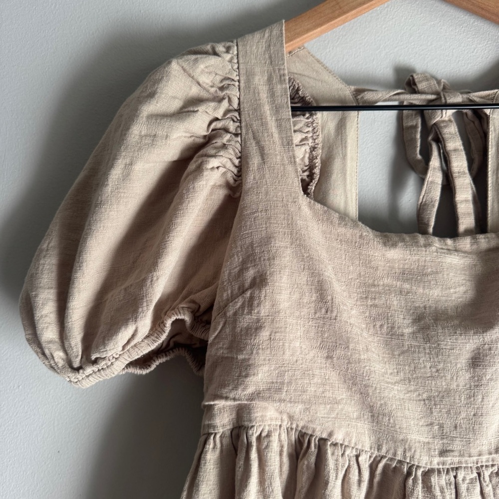 Altar'd State Tan Puff Short Sleeve Tie Open Back Mini Dress Size XS - Picture 5 of 8